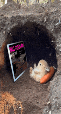 a rabbit laying in a hole next to a tablet that says bulldog on it