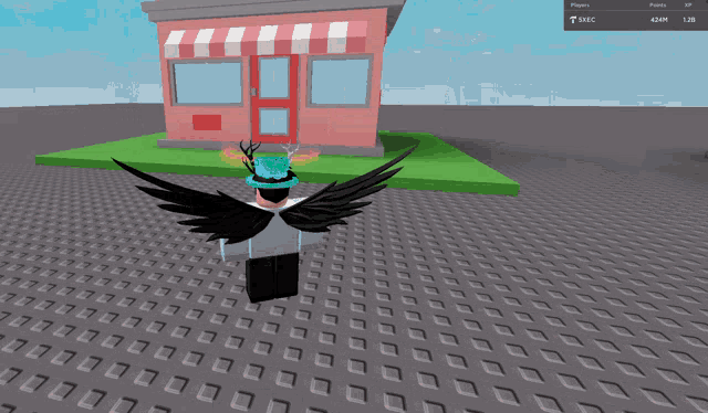 a screenshot of a video game shows a person with black wings in front of a pink store