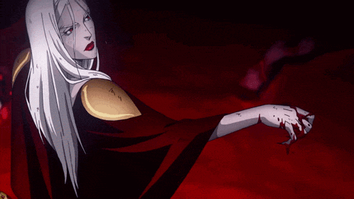 a woman with white hair and red lips is holding a piece of paper with blood coming out of it