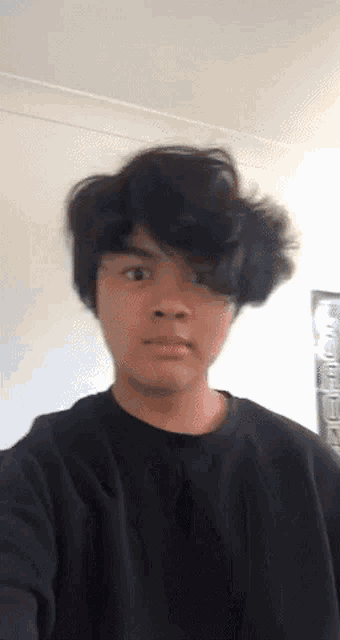a young man in a black shirt is taking a selfie in a room .