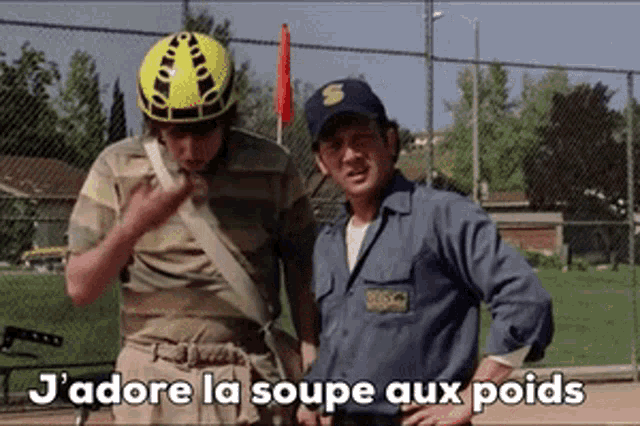two men are standing next to each other with the words j'adore la soupe aux poids written on the bottom