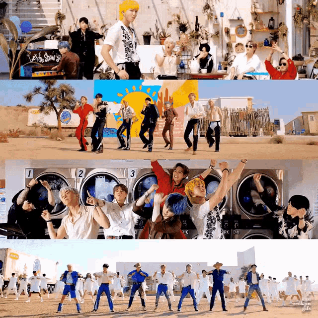 a group of people are dancing in front of a laundromat with numbers 1 2 and 3 on the front