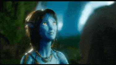 a woman with a blue face is looking up at something