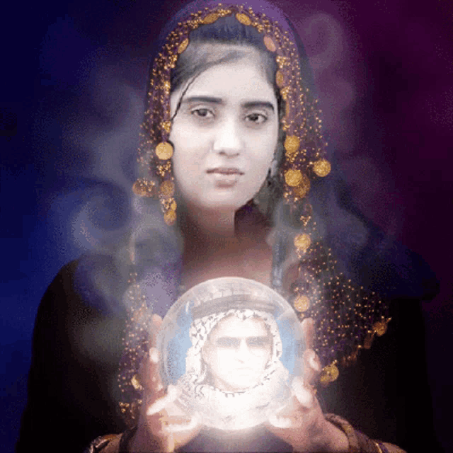 a woman holding a crystal ball with a picture of a woman inside