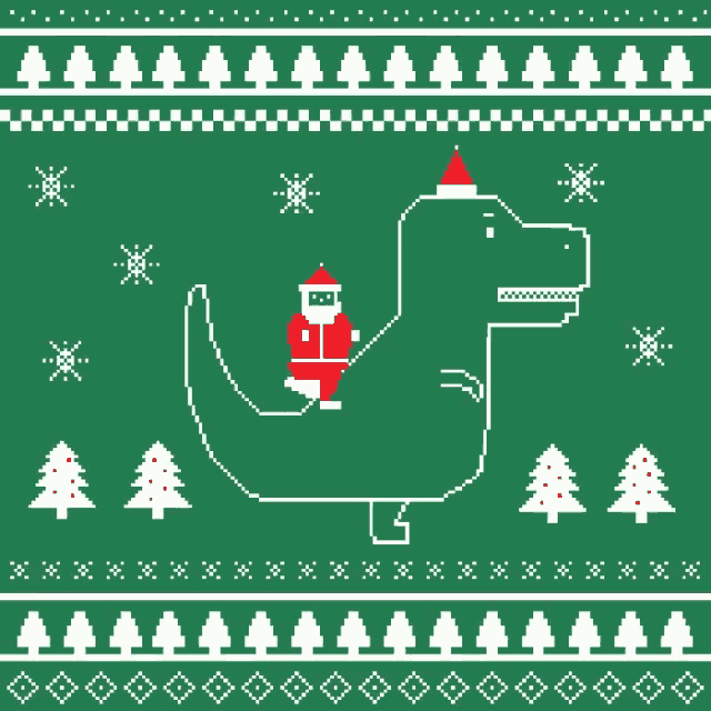 a christmas sweater with a dinosaur wearing santa hats