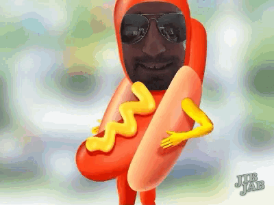 a cartoon of a man dressed as a hot dog with mustard