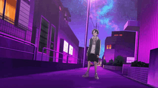 a person standing on a purple street with a sign that says no parking