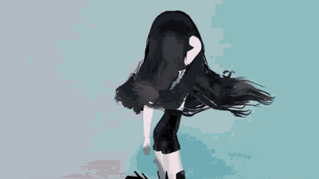 a cartoon girl with long black hair is laying on the floor