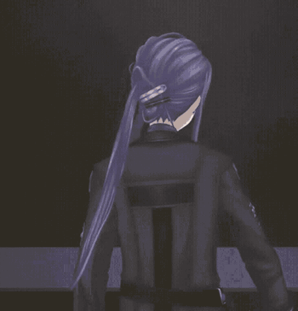 a cartoon character with long purple hair and a black jacket