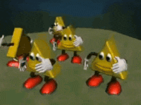 a group of yellow triangles with red feet and arms