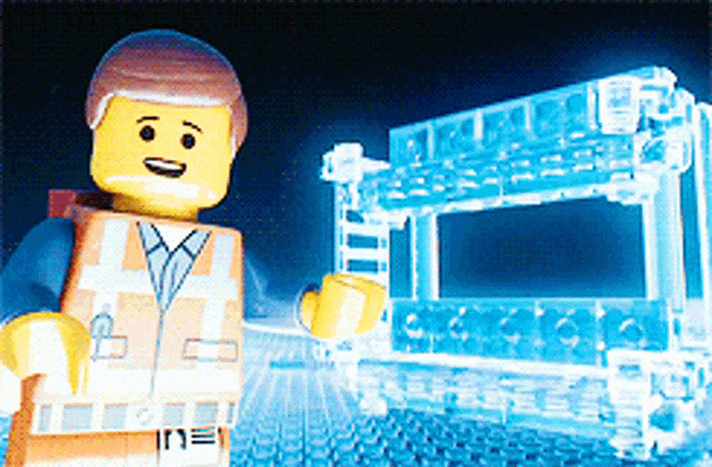 emmett from the lego movie is standing in front of a blue screen