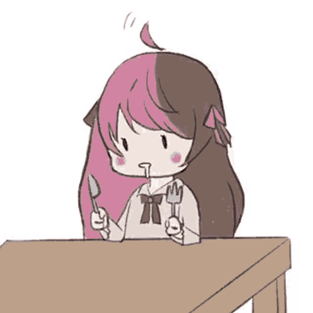 a girl with pink hair is sitting at a table with a knife and fork in her hands .