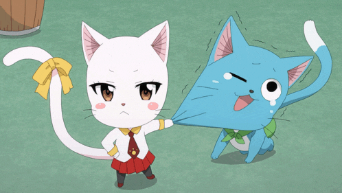 two cartoon cats are standing next to each other on a green field