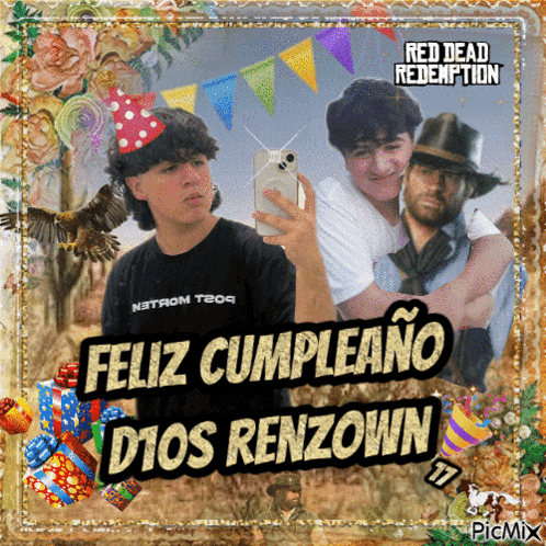 a picture of a man taking a selfie with the words feliz cumpleano dios renzown on it
