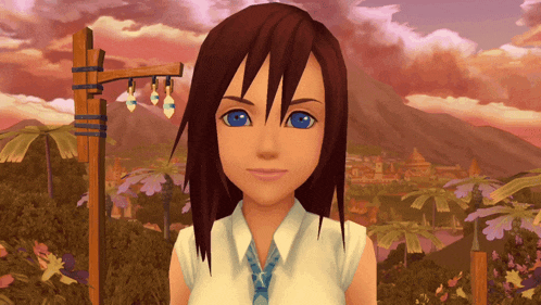 a girl with long brown hair and blue eyes is standing in front of a landscape