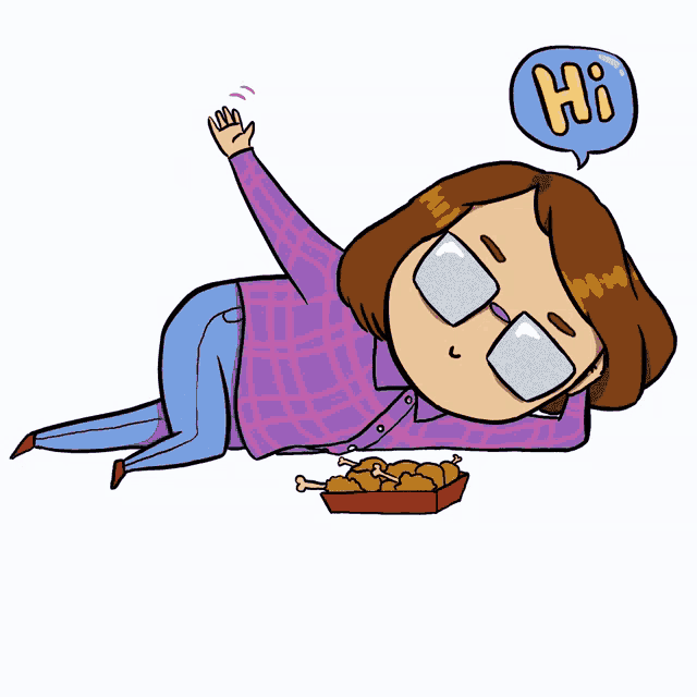 a cartoon of a woman laying on the floor with a box of chicken wings and a speech bubble that says hi