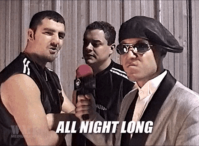 a group of men standing next to each other with the words all night long written on the bottom