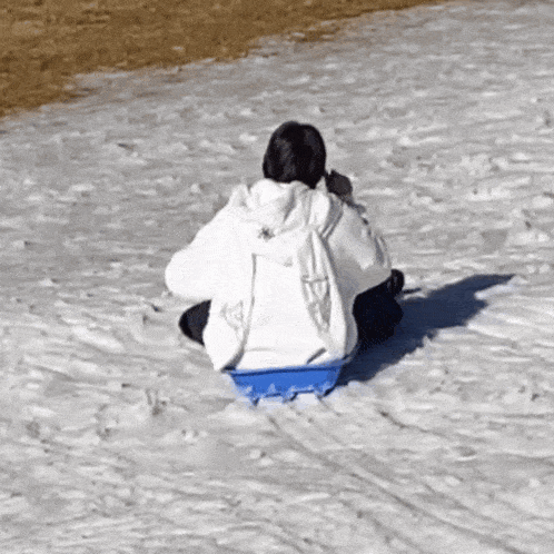 a person sledding down a snowy hill wearing a white hoodie with a spider on it