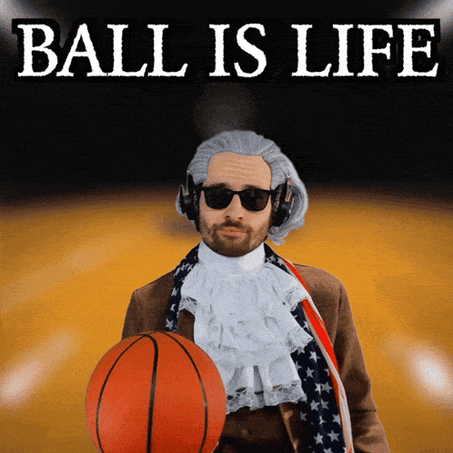 a man in a wig holding a basketball with the words ball is life above him