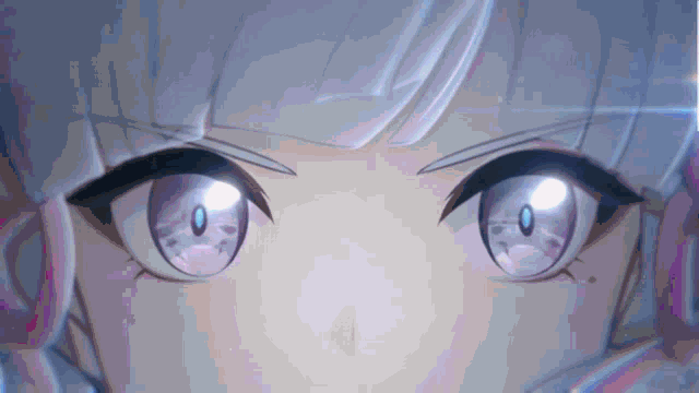 a close up of a girl 's eyes with white hair and purple eyes