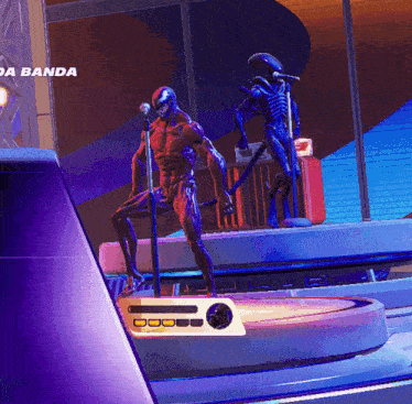 a video game screen shows two aliens singing into microphones