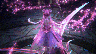 a woman in a purple dress is holding a sword in a video game