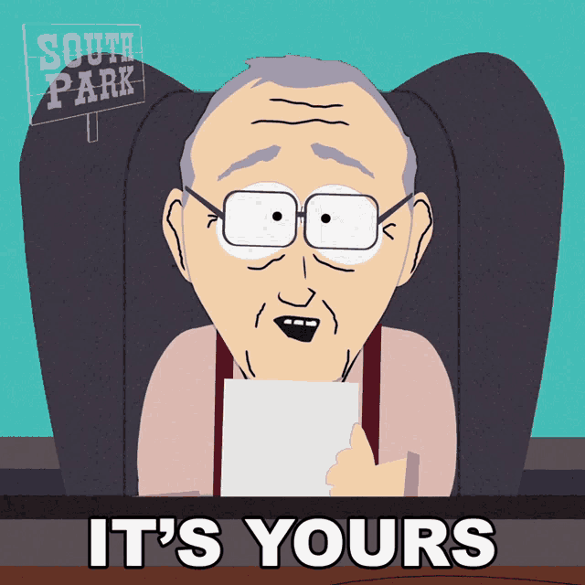 a cartoon of a man holding a piece of paper with the words " it 's yours " below him