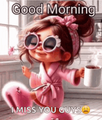 a cartoon girl in a pink robe is holding a cup of coffee and a flower .