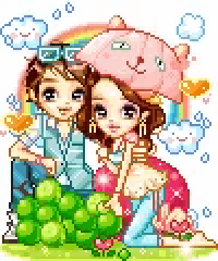 a boy and a girl are sitting under an umbrella in a pixel art .