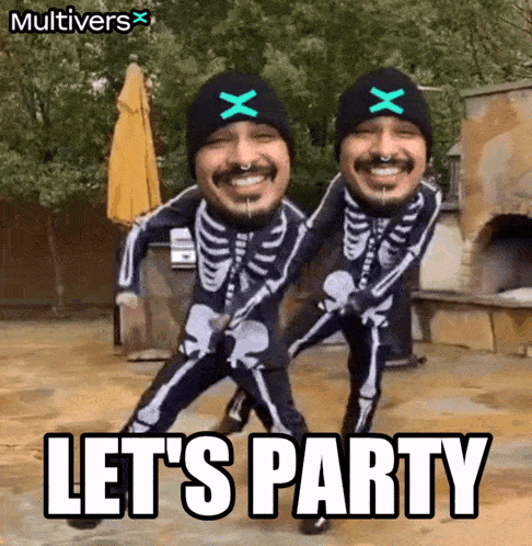 two men in skeleton costumes are dancing with the words let 's party written below them