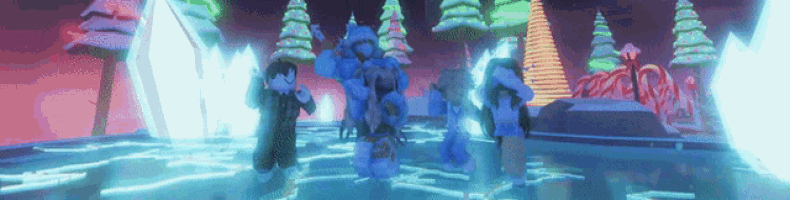 a group of people are standing in a snowy forest