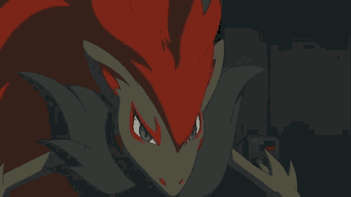a red and black pokemon with blue eyes is standing next to a smaller pokemon