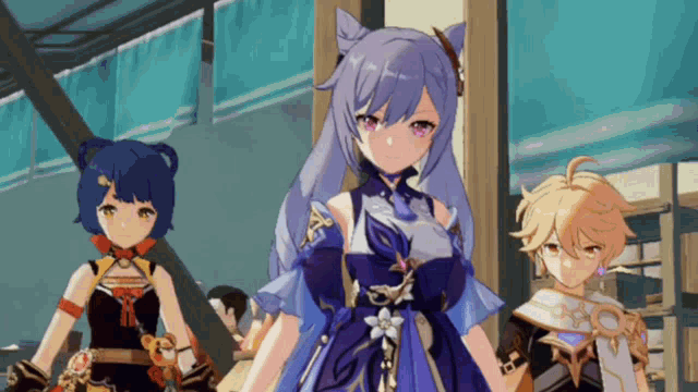 three anime characters standing next to each other in a room