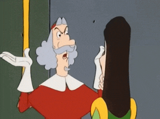 a cartoon character is talking to a woman with long hair