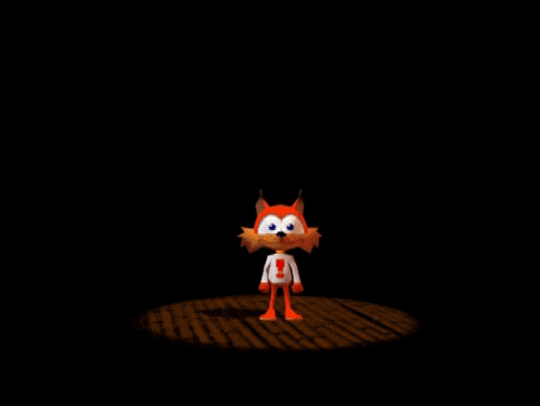 a cartoon fox is standing on a wooden floor in the dark