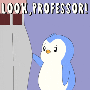 a cartoon of a penguin standing next to a man with the words look professori above him
