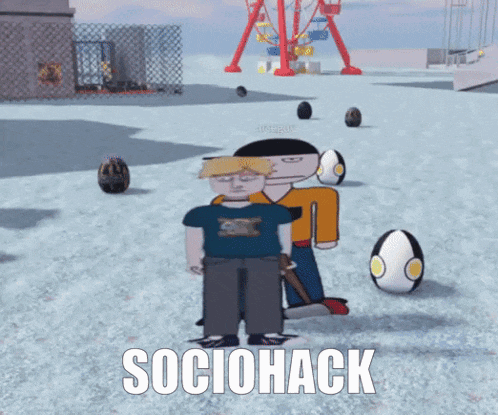 two cartoon characters are standing next to each other and the words sociohack are on the bottom