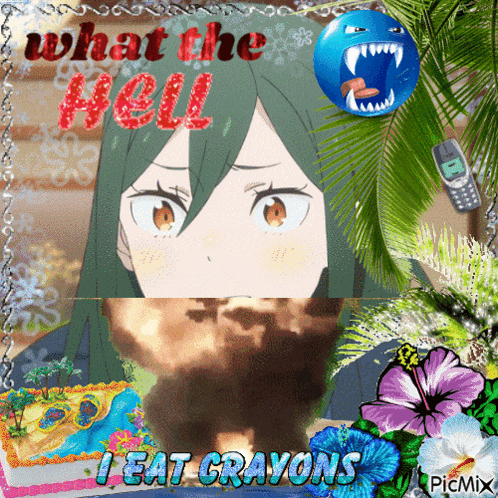 a picture of a girl with green hair and the words " what the hell i eat crayons "
