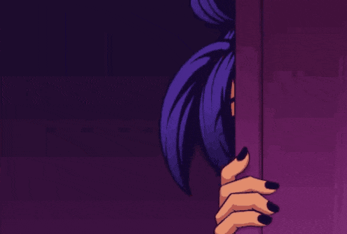 a cartoon girl with purple hair and black nails is peeking out from behind a purple wall