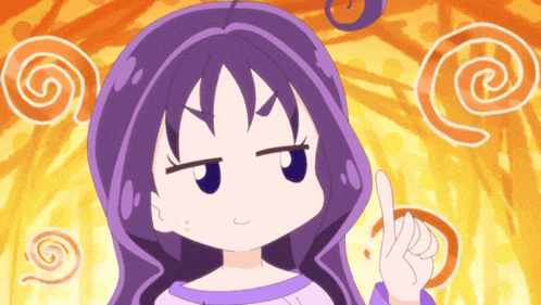 a cartoon girl with purple hair is pointing her finger