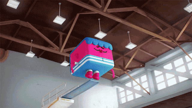 a cartoon character is on a diving board in a gym with the word top on it