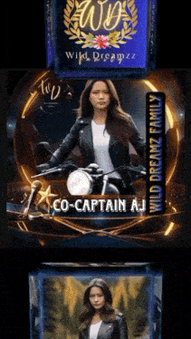 a woman in a leather jacket is riding a motorcycle with the name co-captain aj below her
