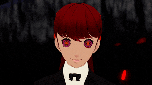 a close up of a girl 's face with red hair and hypnotic eyes
