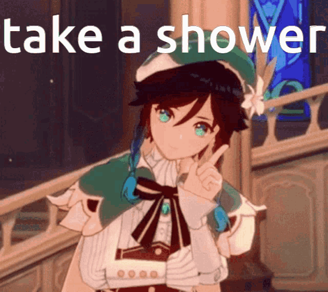 a video game character giving a peace sign and the words take a shower