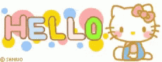 hello kitty is sitting in front of the word hello with polka dots .