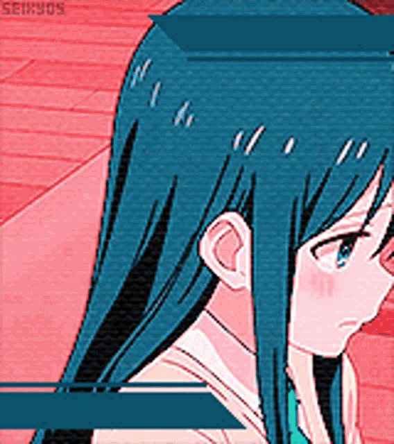 a drawing of a girl with long blue hair and the word seikyos in the corner