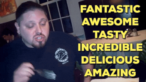 a man in a black shirt with the words fantastic awesome tasty incredible delicious amazing above him