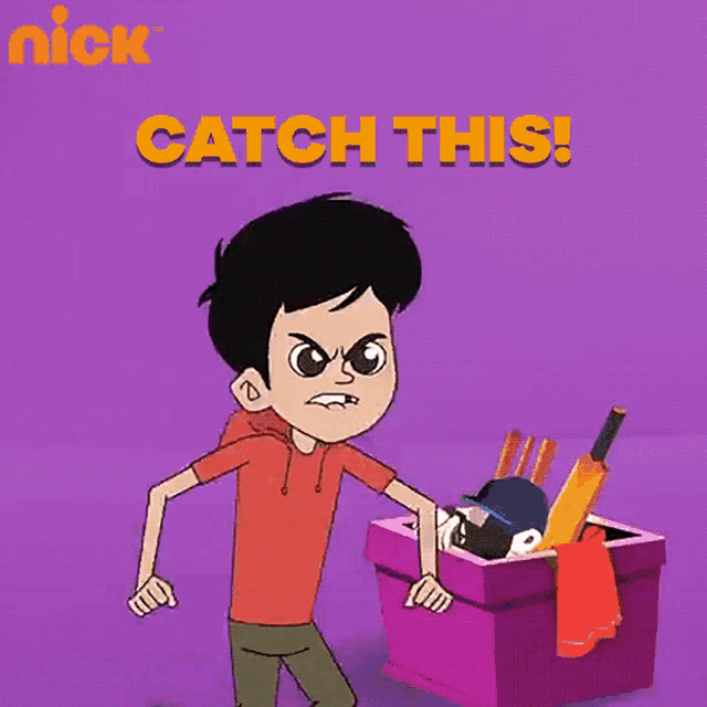 a cartoon of a boy holding a ball with the words " catch this " written above him