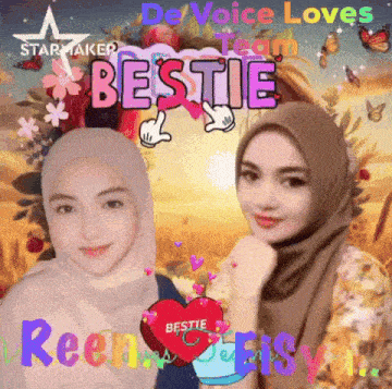 a picture of two women with the words bestie written on it