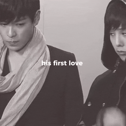 a man and a woman are standing next to each other and the words his first love are on the bottom